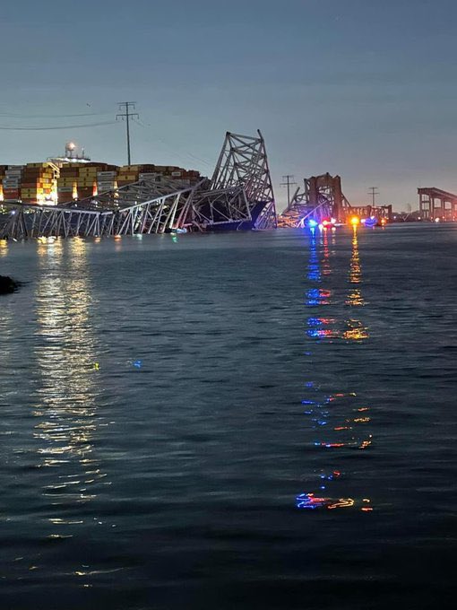 Horrific images of the Key Bridge in Baltimore this morning. Photo courtesy <a href="/HarforCoFireEMS/">Harford Co., MD Fire & EMS</a>. A cargo ship hit the bridge this morning causing the. Collapse.