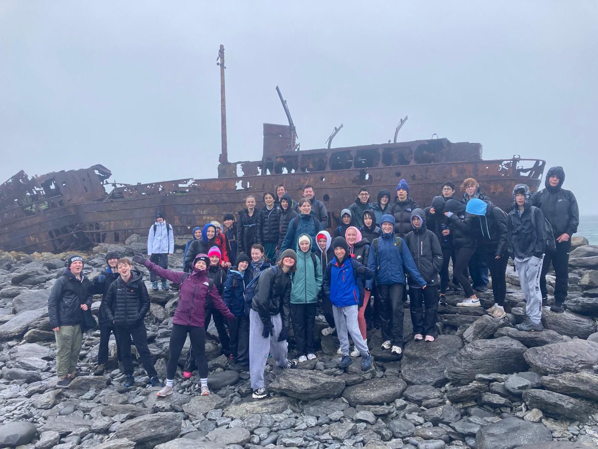 IENewparkSchool's tweet image. The traditional variety of weather experiences for the annual Aran trip this year! Well done to all involved. As the second years arrive back, the fourth years head off for Stratford... #beyondtheclassroom