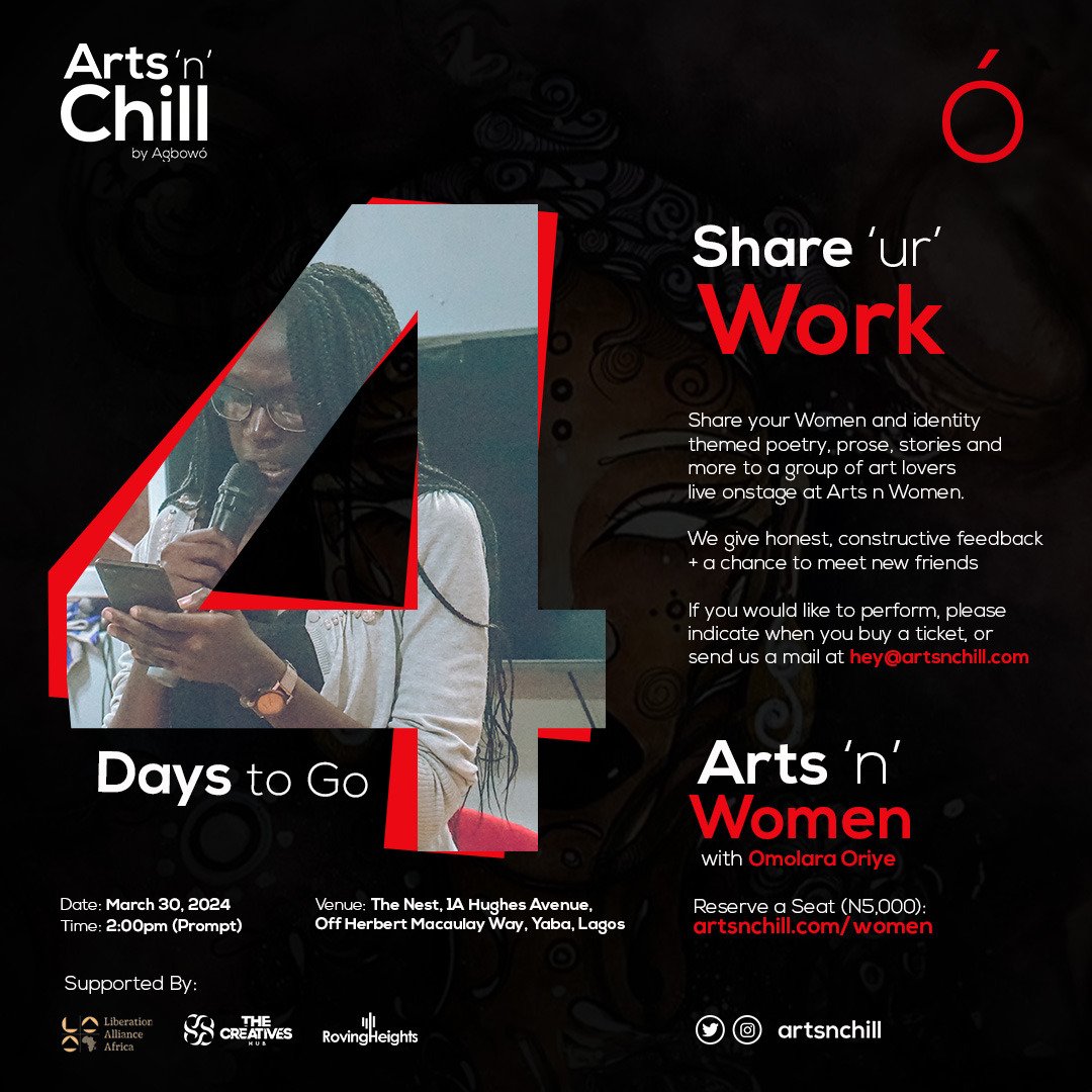Only 4 days left until Arts 'n' Women! We are excited for the valuable conversations to be held this Saturday. Want to share your prose, poetry, or spoken word? Then we look forward to having you. Haven't secured your tickets yet? Get them today at tix.africa/artsnwomen