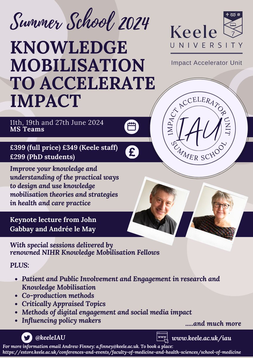 KeeleIAU's tweet image. Are you a researcher or healthcare professional interested in Knowledge Mobilisation and implementation? Booking is now open for our 2024 Summer School - taking place this year 11th, 19th and 27th June on MS Teams.  For more information and how to book:

estore.keele.ac.uk/conferences-an…