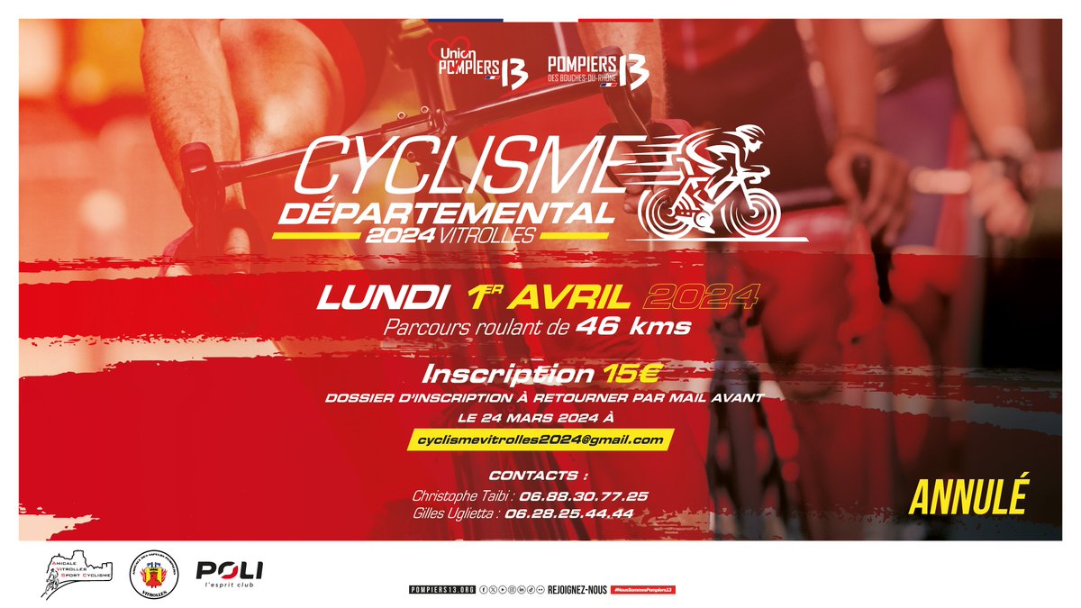 Pompiers_13's tweet image. [#Annulation]

Le cyclisme départemental du 1er avril 2024 est malheureusement annulé par manque de participants.

Mais pas d'inquiétude, l'évènement sportif sera reprogrammé à une date ultérieure 🔥