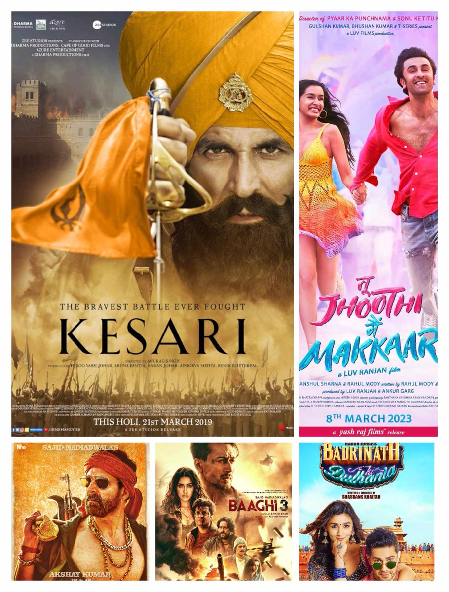 Highest #BoxOffice Collection #Holi #Bollywood 🎬 #Kesari - 21.06 cr #TuJhoothiMainMakkar - 15.73 cr #Baaghi3 - 14.05 cr #BachchhanPandey - 13.25 cr #BadrinathKiDulhania - 12.08 cr #AkshayKumar #RanbirKapoor #ShraddhaKapoor #TigerShroff #AliaBhatt #VarunDhawan #KritiSanon