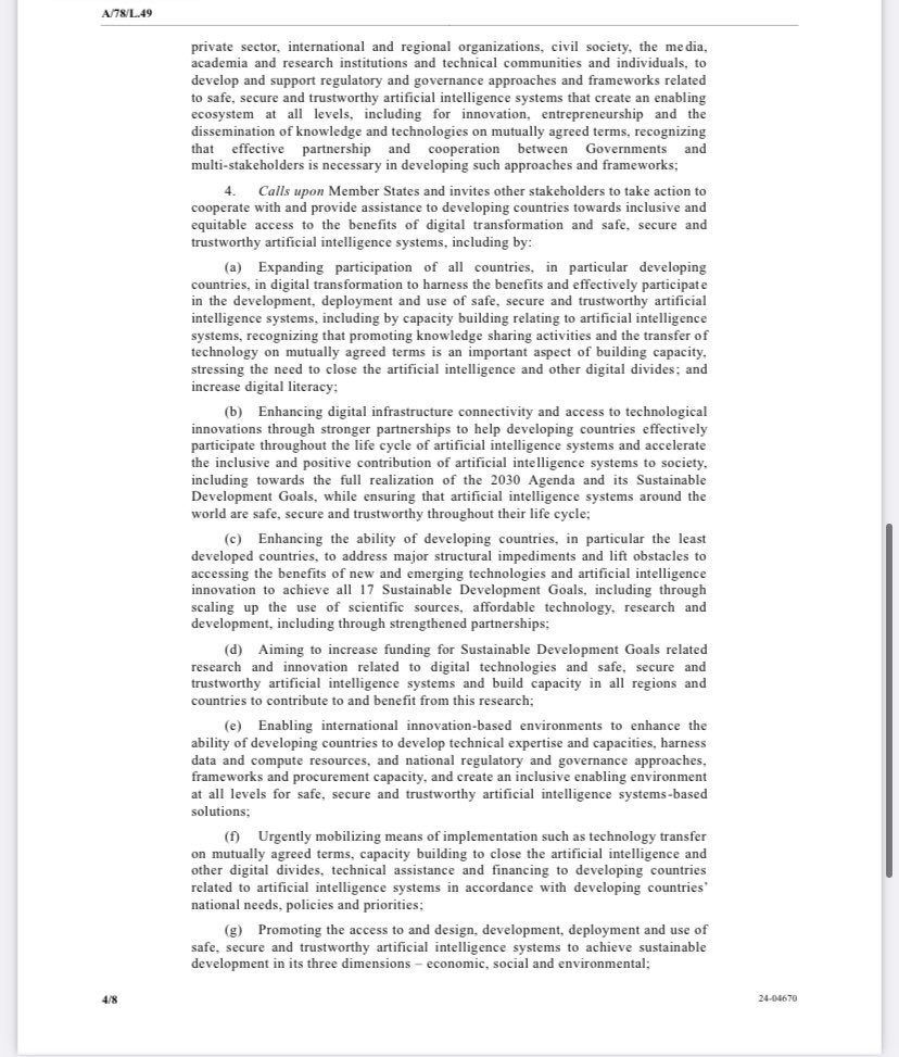 #AI Res by UN #GA 11 March 24: stressing #humanrights and UN #protect respect remedy #framework (para.9) , the pacing probl. (para 8) and #sustainabledevelopment goals, moreover #research and information sharing as part of #safe secure #trustworthy AI