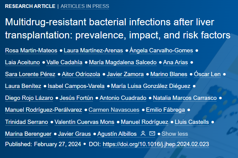 🆕Article in press❕ 

Multidrug-resistant bacterial infections after liver transplantation: prevalence, impact, and risk factors

Read it here👉journal-of-hepatology.eu/article/S0168-… 

#LiverTwitter
