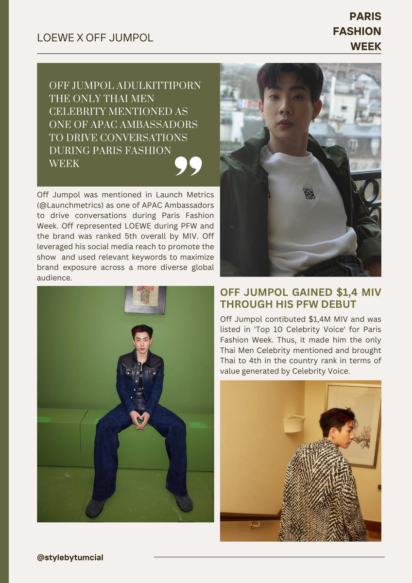 Off Jumpol the only GMMTV Artists and Thai Men Celebrity mentioned as one of APAC Ambassadors to drive conversations during PFW. His $1,4M MIV contribution made him into the 'Top 10 Celebrity Voice' list for PFW @off_tumcial #LOEWEXOFFJUMPOL #stylebytumcial #ออฟจุมพล #OffJumpol