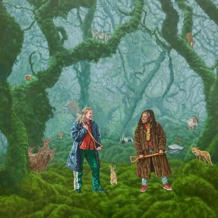 What is occurring in this woodland setting? Whatever it is the animals in the forest are intrigued & wait in anticipation as the two women have their shovels at the ready! Spectacular new painting by Roxana Halls now available . Laughing While Digging by Roxana Halls