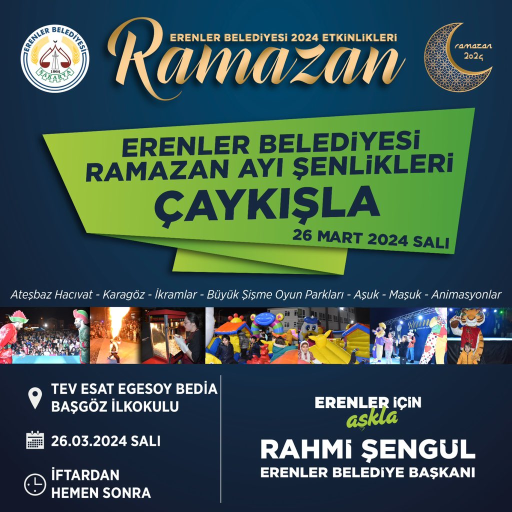 RahmiSengul54's tweet photo. Sevgili çocuklar; bu akşam (Salı) sizler için düzenlediğimiz şenlik programı Çaykışla Mahallemizde.

Tüm çocuklarımız ve aileleri davetlidir…

🗓��� 26 Mart Salı
🕗 İftar Sonrası
📍Tev Esat Egesoy Bedia Başgöz İlkokulu https://t.co/b6Gj4H7dSv