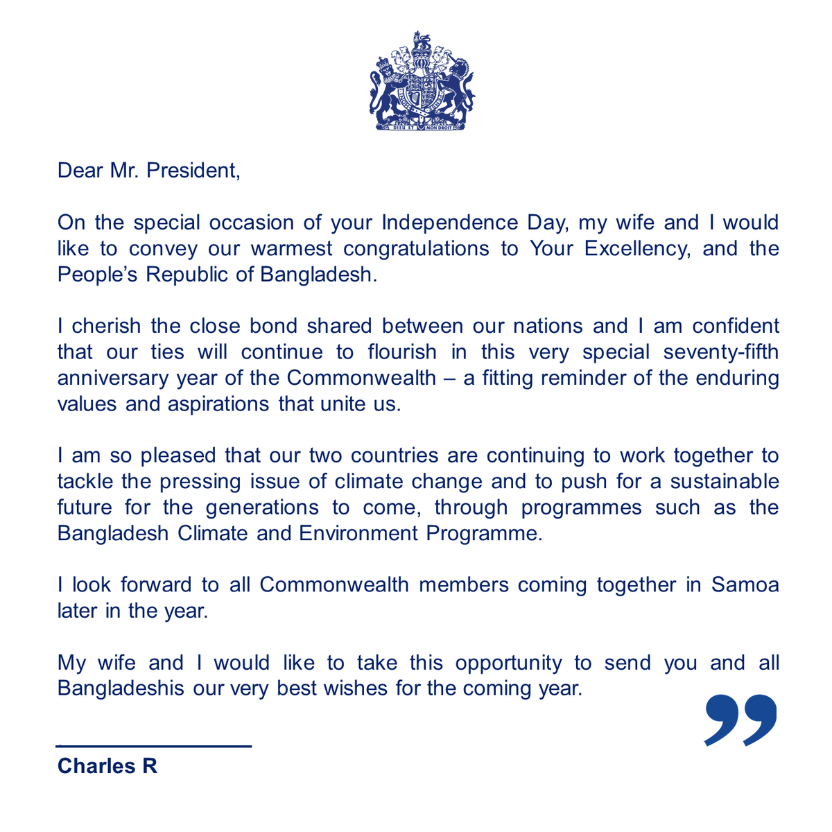 UKinBangladesh's tweet photo. A message from His Majesty King Charles III on Bangladesh’s Independence Day.

বাংলাদেশের স্বাধীনতা দিবস উপলক্ষে মহামান্য রাজা তৃতীয় চার্লসের শুভেচ্ছা বার্তা।

#BritBanglaBondhon https://t.co/ldFCoL1WZs