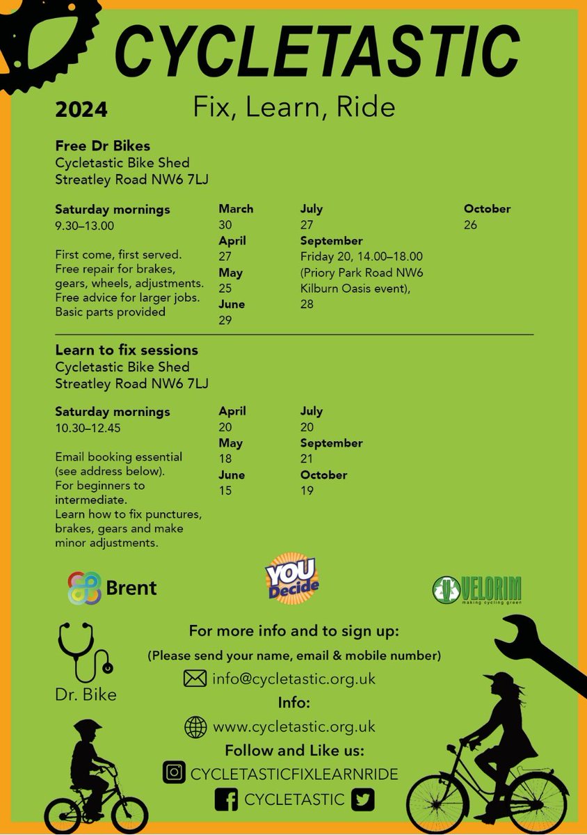 First #Cycletastic Dr Bike event of the season is this Saturday, 30th March 9.30-1pm at the Cycletastic Bike Shed, Streatley Rd, NW6 7LJ in Kilburn.

No need to book, it's First Come First Served!