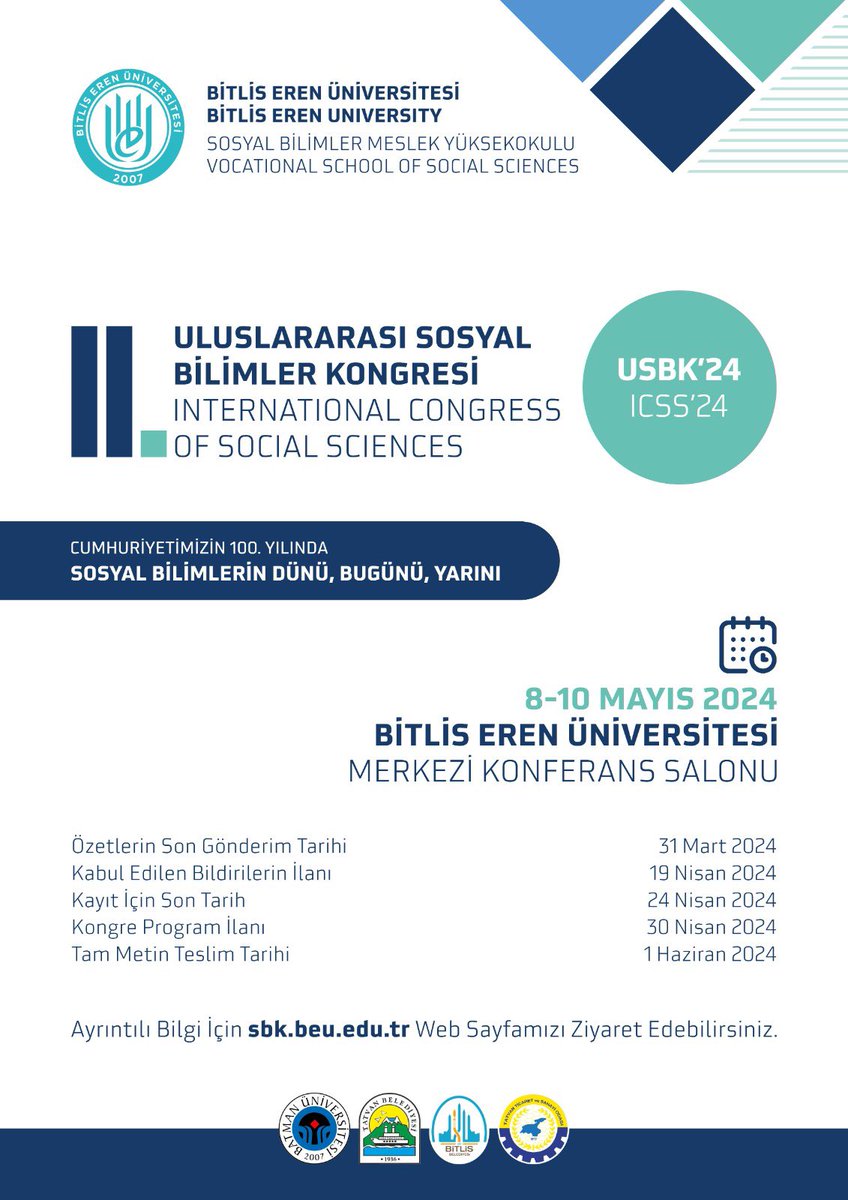 SbkBitlis's tweet photo. II. ULUSLARARASI SOSYAL BİLİMLER KONGRESİ (USBK’24)

31 Mart 2024 Özetlerin Son Gönderim Tarihi!!!!!

👉 https://t.co/w87WPCTTW3

#BitlisErenÜniversitesi #SBKBitlis  #KongreBitlis  #Kongre  #Bitlis  #SosyalBilimlerKongresiBitlis
@BitlisValiligi @beusosyalmed @BitlisBld https://t.co/TS9b3ybSmW