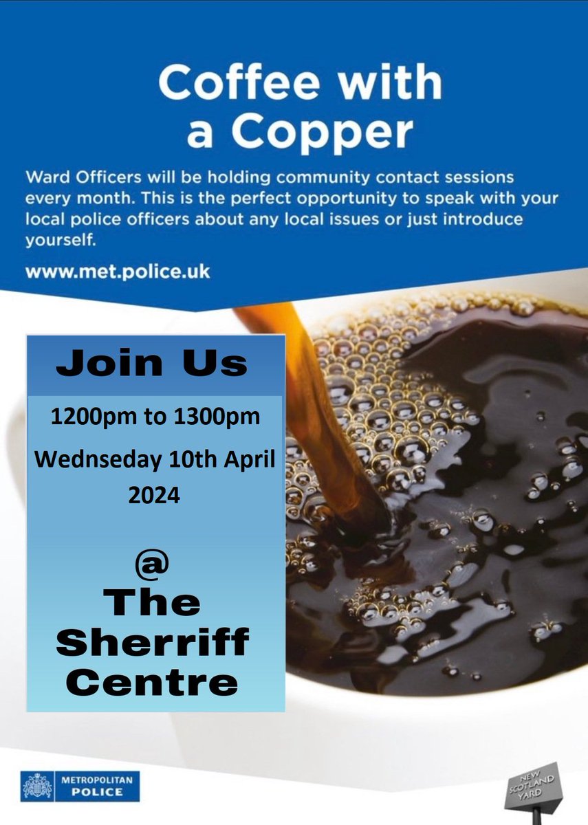 Would you like to speak to your local Safer Neighbourhood Officer, over a cuppa? Officers from @MPSWestHampstd will be at Sherriff Centre NW6 on Wednesday 10th April 2024 between 1200pm-0100pm for Q & A and crime prevention advice. Why not drop in for a cuppa and chat?