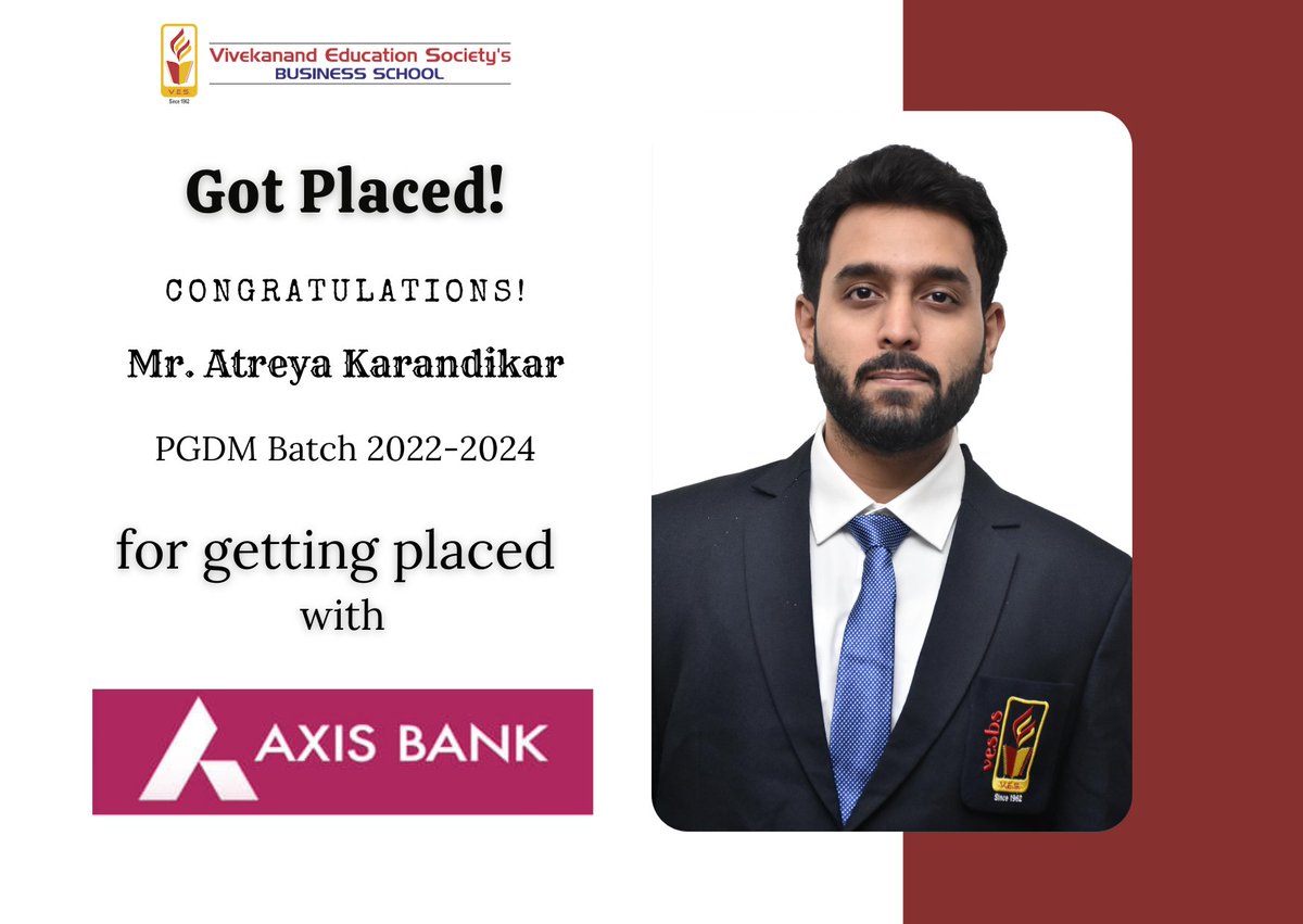 Congratulations Mr. Atreya Karandikar of Batch 2022-24 who got placed at Axis Bank. Many Congrats on this next step in your career and all of the growth, connections and opportunities that come with it. #Placementdrive #placements #management #campusplacement #bschool #VBS #pgdm