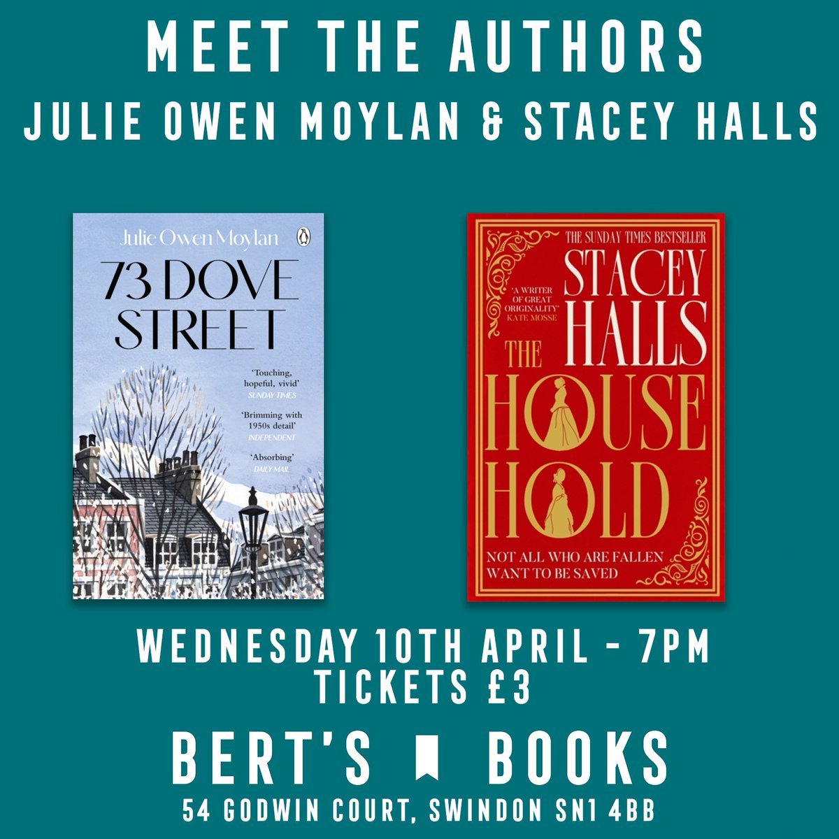 Come on down to @bertsbooks on Wednesday 10th April to meet historical fiction favourites @JulieOwenMoylan and @stacey_halls. Tickets available here: bertsbooks.co.uk/product/10th-a… #73DoveStreet