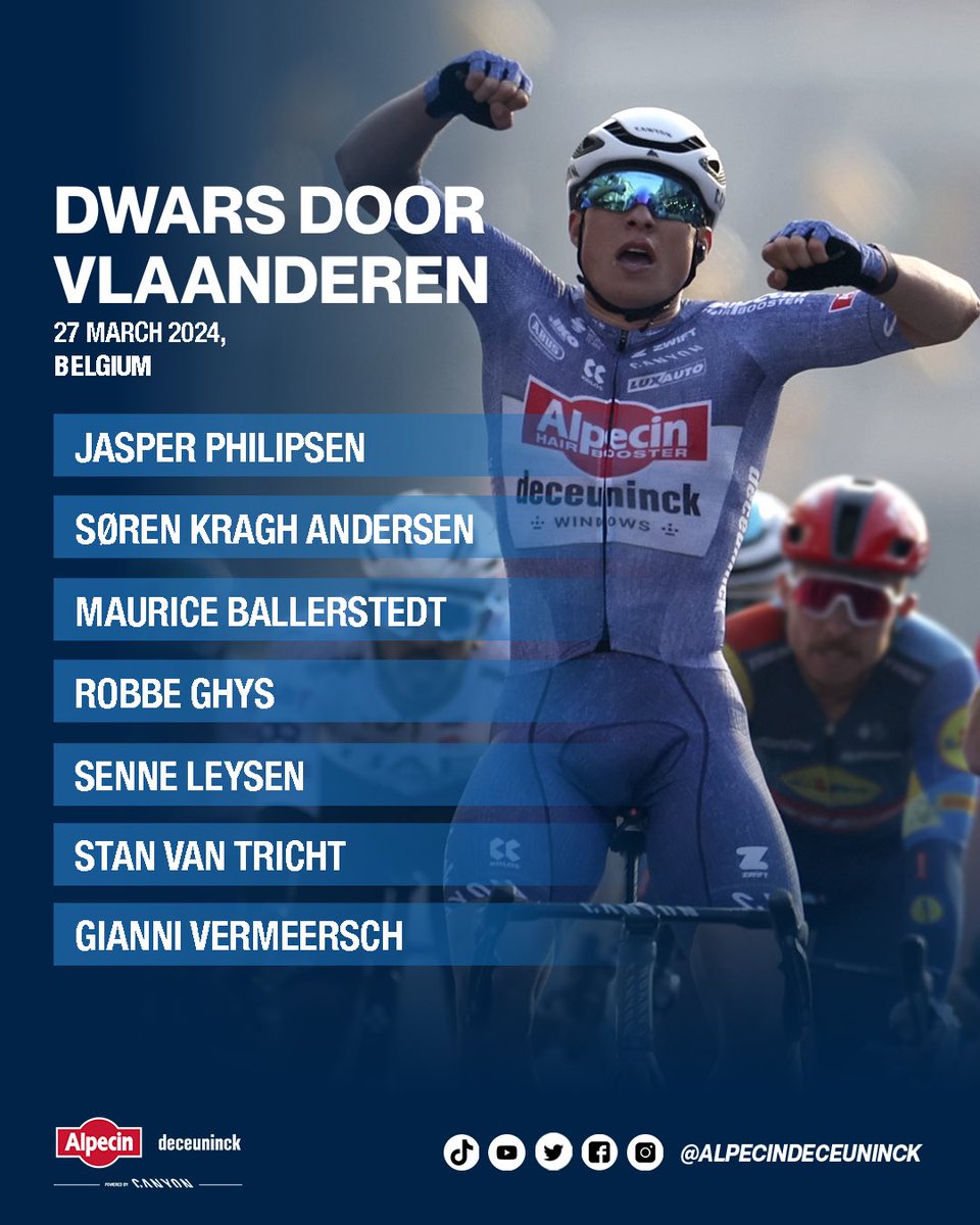 In 2019 and 2022 @mathieuvdpoel won @DwarsdrVlaander. This year Mathieu is not on the list, but with @JasperPhilipsen we have another top rider at the start. And Jasper is strongly surrounded. This is our lineup ✊ #alpecindeceuninck