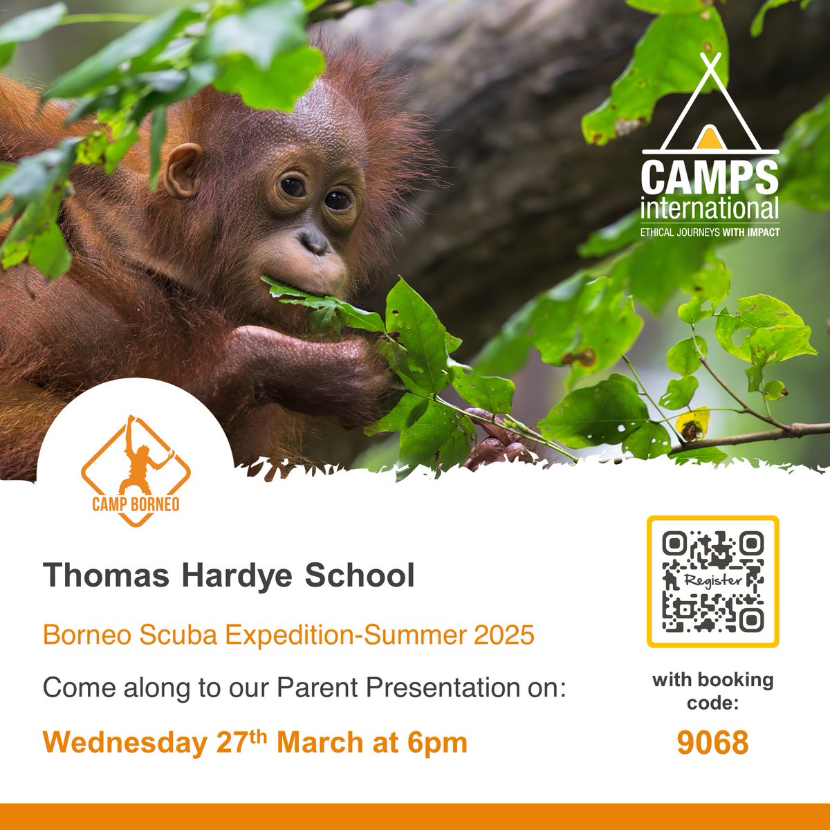 All parents / carers of students in yrs 9 - 12 are welcome to a school presentation about the @CampsInt Scuba Expedition Summer 2025 on Wed 27th March 6pm. Trip costs will be raised through fundraising supported by THS & Camps International. Pre-register via QR with code 9068.