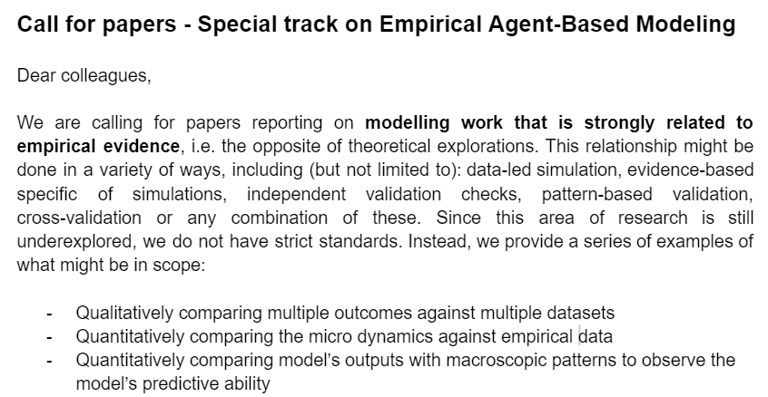 𝐷𝑖𝑛𝑜.𝐶𝑎𝑟𝑝𝑒𝑛𝑡𝑟𝑎𝑠( ) (@justanormaldino) on Twitter photo 🔥Call for papers on empirical Agent-based modelling! 🔥
We are calling for papers reporting on modelling work that is strongly related to empirical evidence, i.e. the opposite of theoretical explorations. This relationship might be done in a variety of ways, including (but not 🔥Call for papers on empirical Agent-based modelling! 🔥
We are calling for papers reporting on modelling work that is strongly related to empirical evidence, i.e. the opposite of theoretical explorations. This relationship might be done in a variety of ways, including (but not