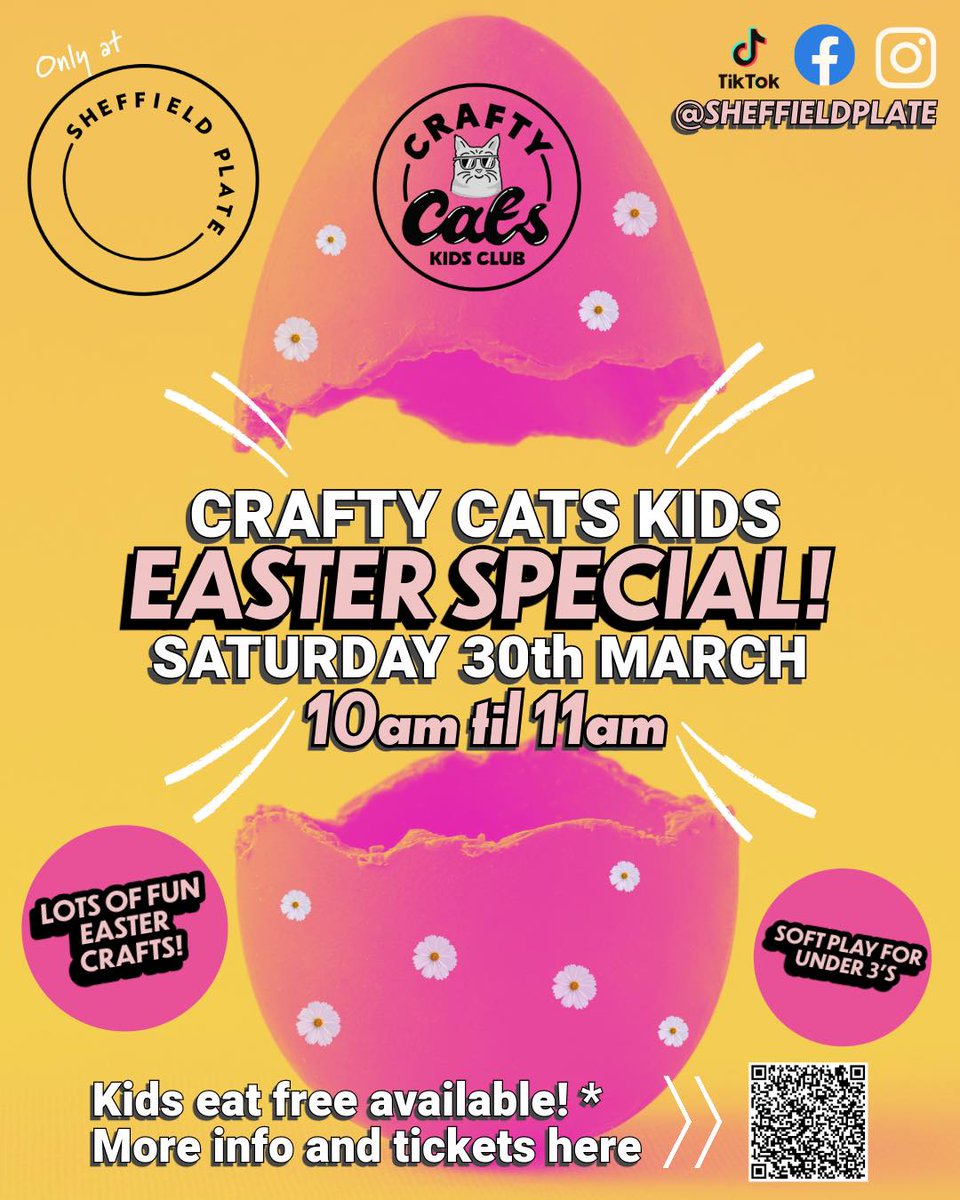 #SheffieldPlate are hosting a Crafty Cats Crafty Easter special🐣 packed with Easter themed crafts, games + soft play for under 3’s!

It's set to be an Easter-riffic morning, so book your spot! Tickets via the QR code or click here👉bit.ly/3INrhSd 

#sheffield