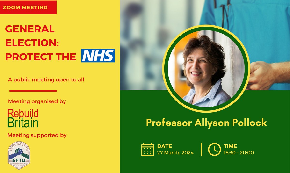 GFTU X @Rebuild_Britain 

@AllysonPollock, consultant in public health and medicine, will be leading the important webinar on protecting the NHS. 

📅 Weds 27th March, ⏲️ 6:30pm.

👋 Join us tomorrow - bit.ly/protectnhs27ma…

#ProtectourNHS #GFTU #GFTU125 #RebuildBritain