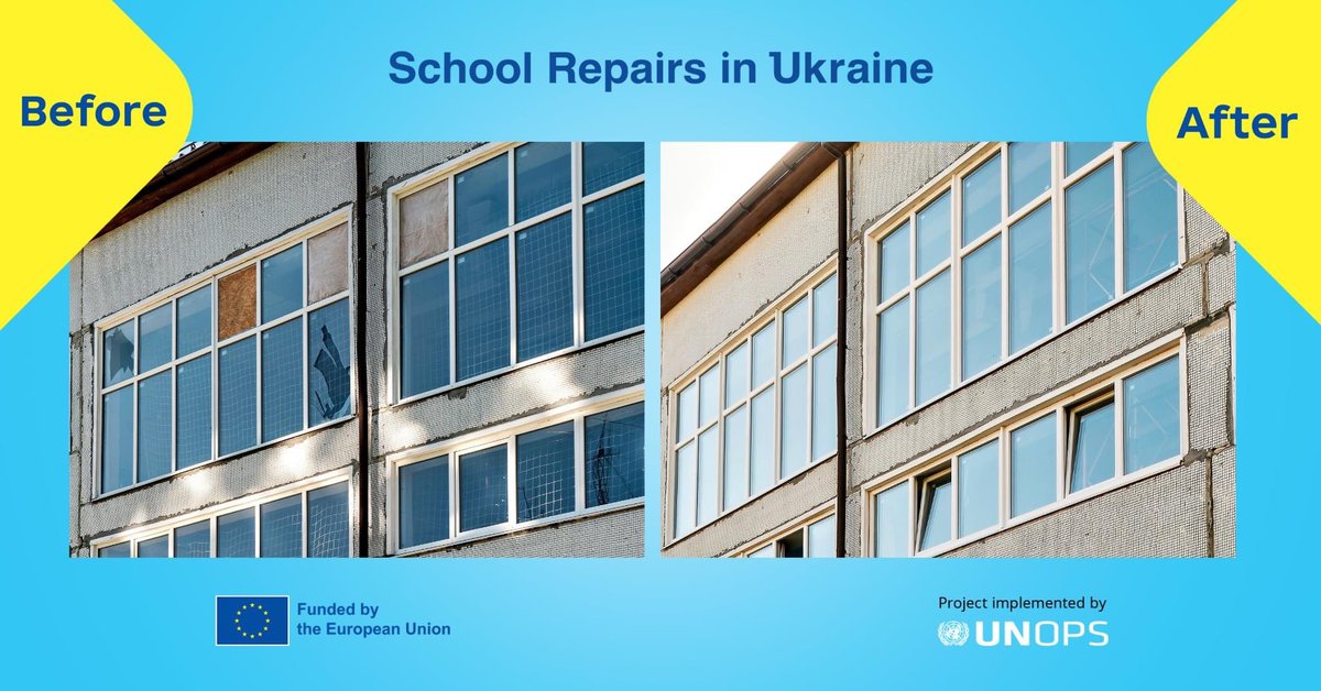 Excited to share the results of the '#SchoolRepairs in Ukraine' project! Over a thousand students have already returned to the repaired Lozova Lyceum #4 thanks to the financial support of the EU. @eu_echo @eu_near