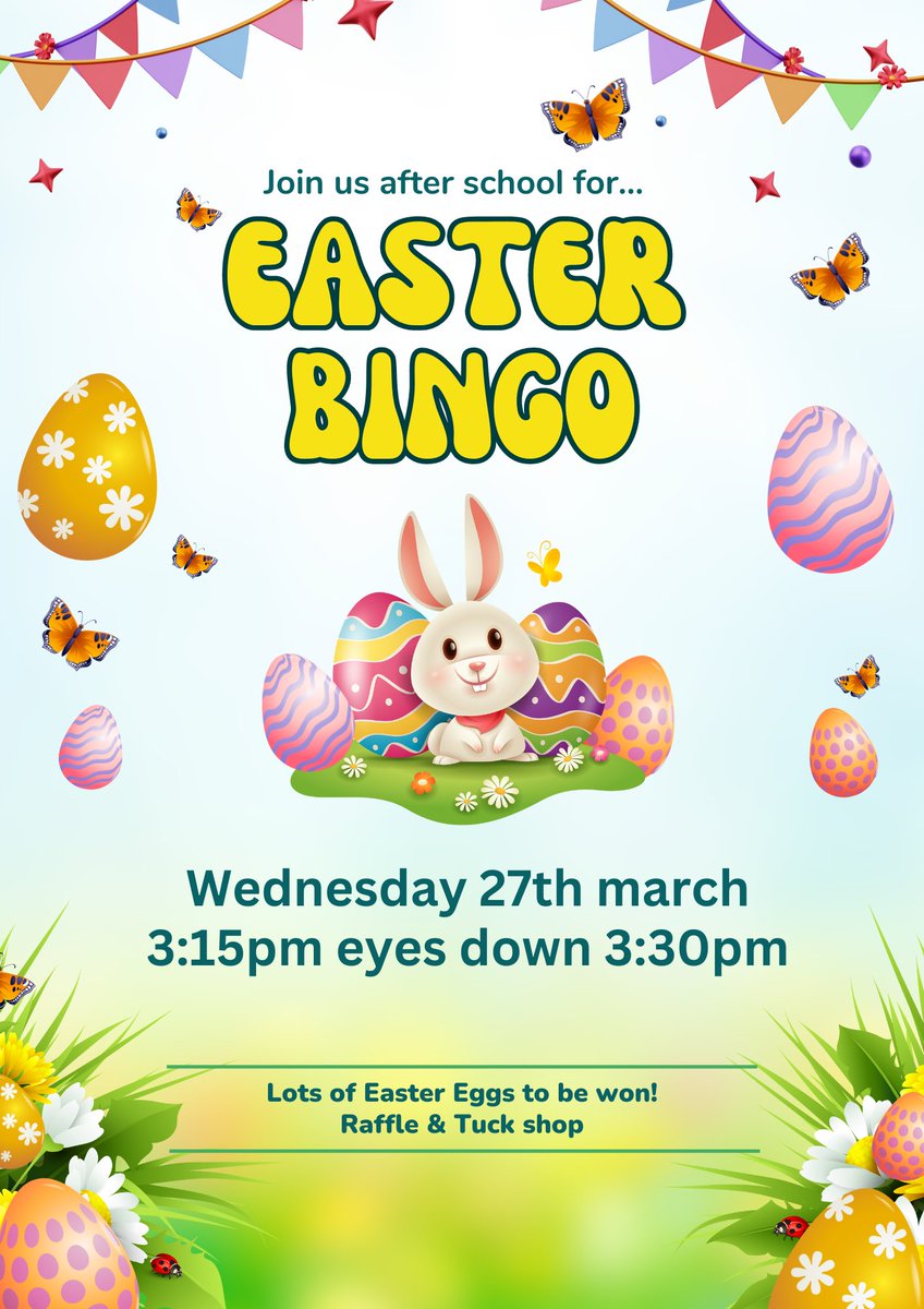 🐣 Join us tomorrow after school for Easter Bingo! 🐣 Eggcellent prizes to be won! @shoreside1234 #easterbingo
