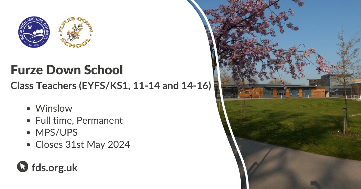 Furze Down School are looking to add Class Teachers to their expanding SEND school, working in EYFS/KS1 and with pupils aged 11-14 and 14-16 with Complex Communication and Interaction Needs. Find out more:
ow.ly/iclo50QZUFB
#TeachingJobs #SpecialEducationalNeeds #TeachBucks