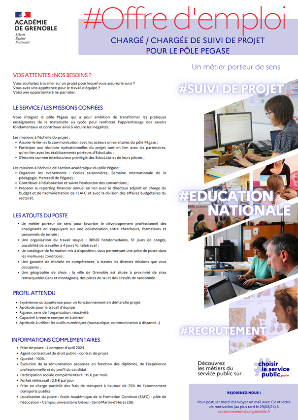 PolePegase's tweet photo. 🚨Offre d'#emploi Pégase🚨
📍Chargé·e de suivi de #projet pour le @PolePegase et @acgrenoble
👤Poste ouvert à toute personne non titulaire de la #fonction #publique.
🔗Poste de #contractuel sous le régime des contrats de projets.
▶️https://t.co/dOxW1FqZBT https://t.co/cLG6ZSyLNZ