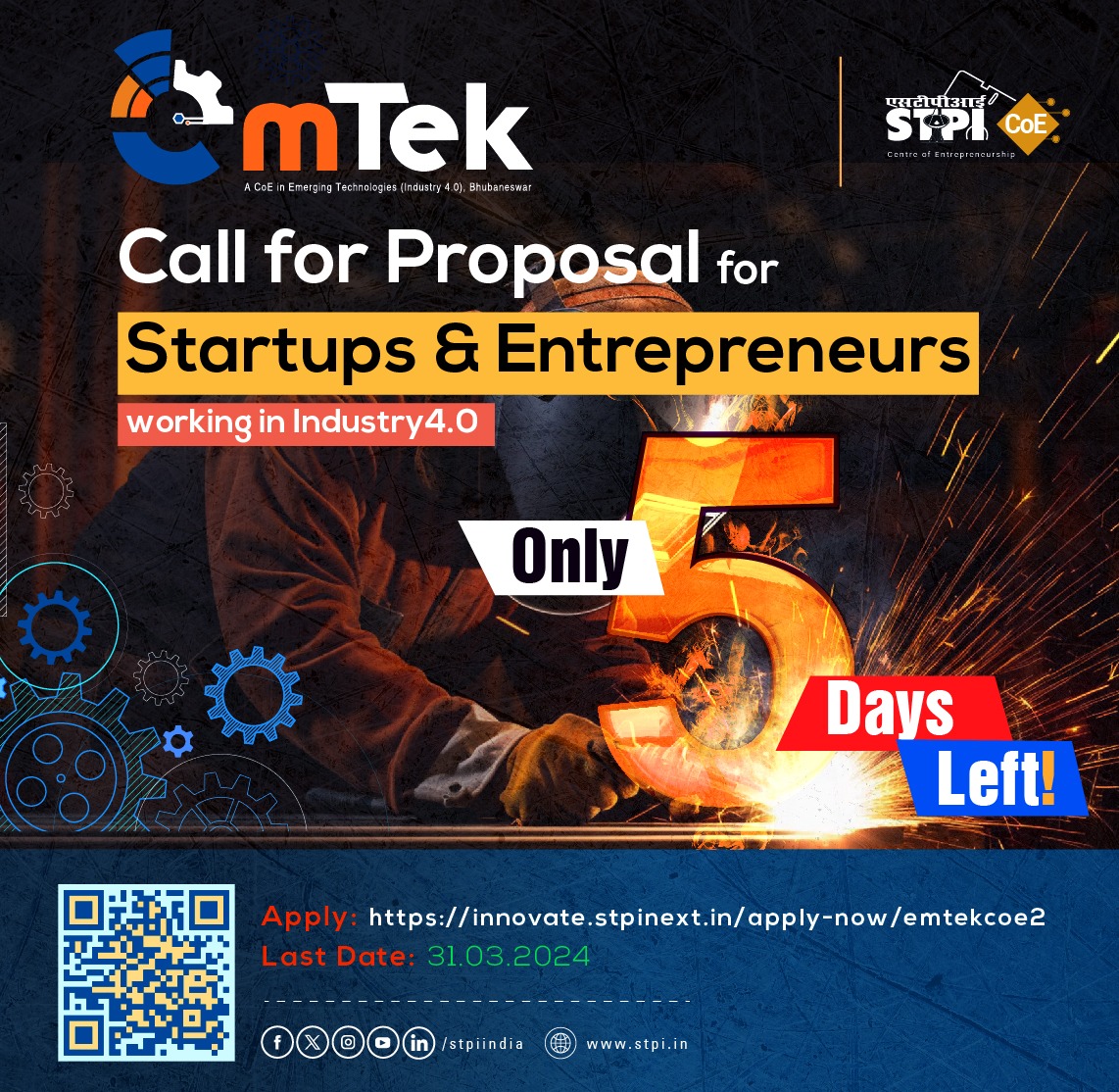 Only 5 days left!! Tech #startups, which are providing solutions at any stage for the industry using #Industry4.0 and emerging technologies, can participate in @emtekcoe's Call for Application. Apply Now: innovate.stpinext.in/apply-now/emte… Last Date: 31.03.2024.