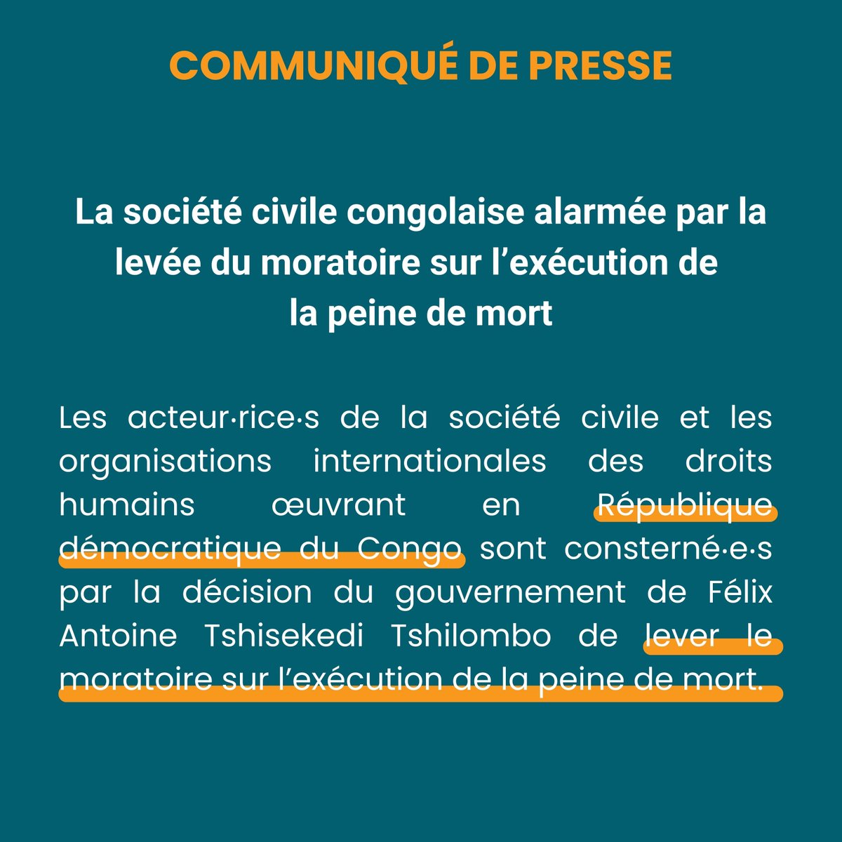 ASF_NGO's tweet photo. 🗣️ ASF se joint à plus d'une cinquantaine d'organisations de la #sociétécivile congolaise pour exprimer toute son inquiétude suite à la décision du gouvernement de lever le moratoire sur l'exécution de la #peinedemort.

🔗 https://t.co/Luluxgy5Wt

#RDC #RDCongo #Abolition https://t.co/3EvGTXb3Hy