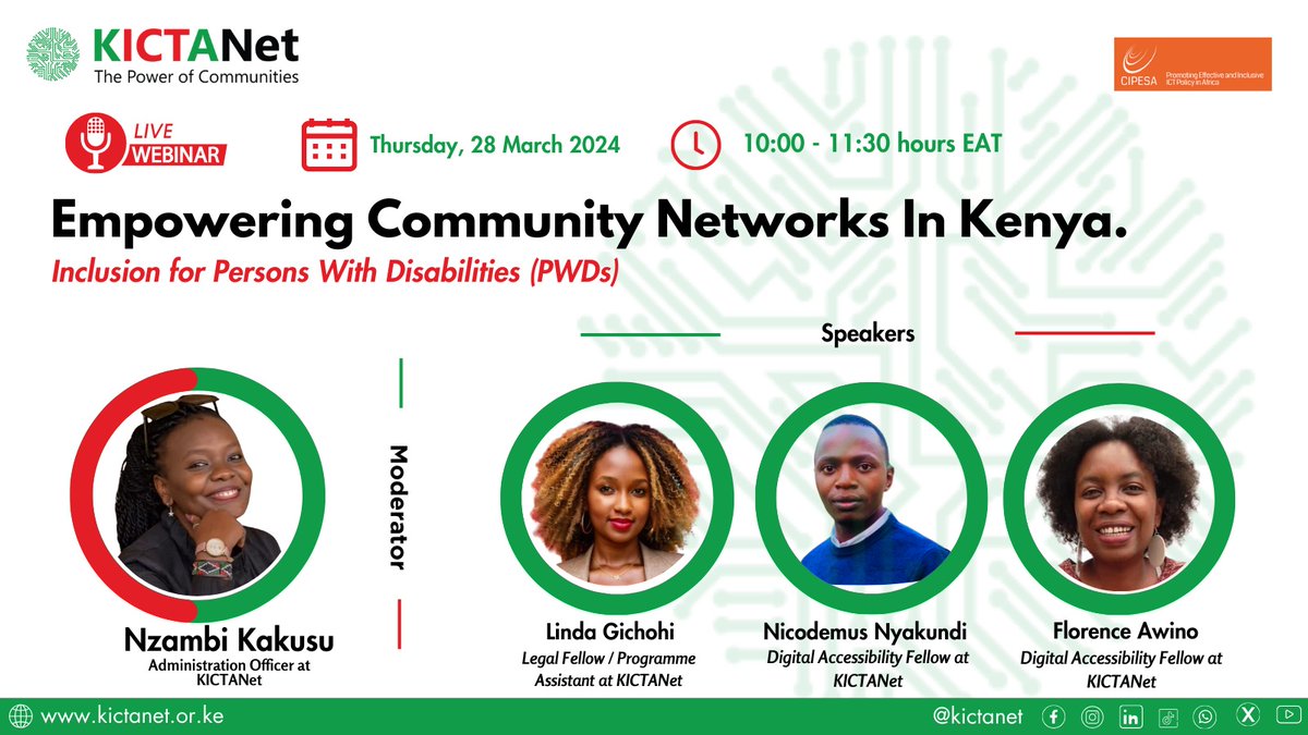 ⚠️Does the internet discriminate? Let's change that! There's a huge gap in internet usage for people with disabilities in Kenya. Together with @cipesaug, we shall host a webinar to address this! ^NM