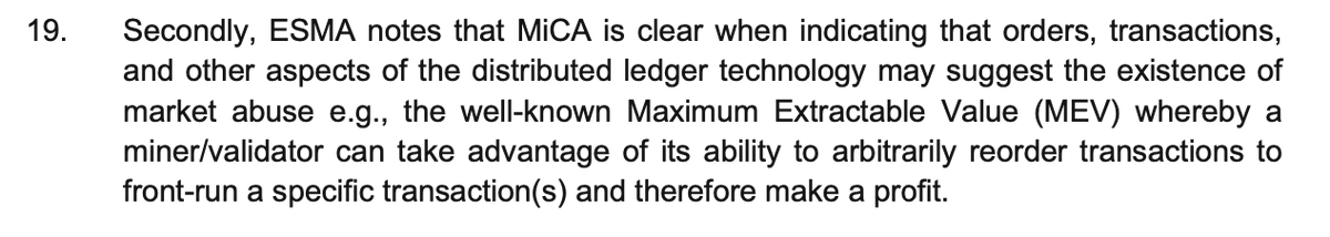 0xMikolaj's tweet photo. The European Securities and Markets Authority mentioned MEV in its new consultation paper on MiCA and market abuse. They suggest that (all? some?) frontrunning is illegal market abuse. https://t.co/DPNR3RS4A6