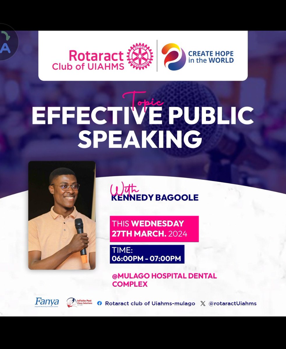 Rotaract Club of @rotaractuiahmz Mulago invites you for it's fellowship. Date: 27th March 2024 Time: 6pm PR Rotaract UIAHMS Proudly sponsored by RC Bweyogerere Namboole @KihumuroLotson @BagooleKennedy @Pius_O_Theo PR RACBuukoto @switzer_micheal