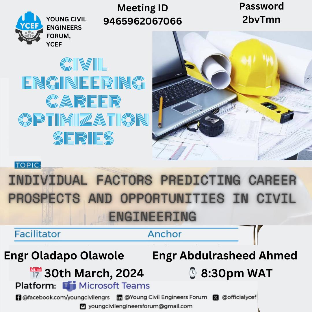 officialycef's tweet photo. Career optimization is the act of obtaining the best result under given circumstances in ones chosen career. In this segment of career optimization series, the individual factors predicting career prospects and opportunities in Civil Engineering shall be highlighted and expounded https://t.co/T1CQIeRDza
