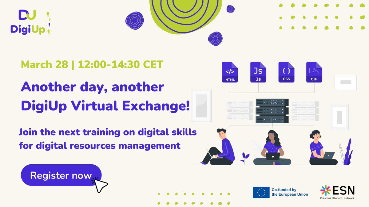 ESN_Int's tweet image. 🌟 Final call to register for the next EU-Sponsored #DigiUp Euro-African virtual exchange.

📅 March 28, 2024
⏰ 12:00-14:30 (CET)
🖊️ Secure your place: tinyurl.com/DigiUp-Reg

Master #DigitalSkills and #DigitalResources:
1️⃣ Select &amp;amp; Craft
2️⃣ Manage &amp;amp; Share