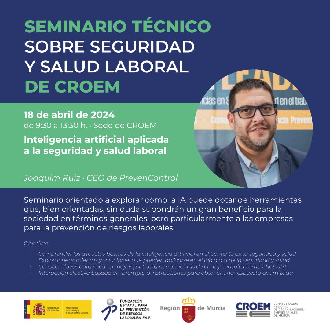 croemurcia's tweet photo. 📢¡Descubre el potencial de la Inteligencia Artificial en la Seguridad y Salud Laboral en nuestro próximo Seminario Técnico de CROEM!

❓¿Te preguntas cómo la #IA puede cambiar la forma en que abordamos la seguridad en el trabajo? ¡No te pierdas este evento!

👨‍🏫Exploraremos con @JoaquimRuiz de @PrevenControl cómo la IA puede ofrecer soluciones innovadoras para mejorar la seguridad laboral en empresas de todos los tamaños.

✏Inscripciones 🖱👉 https://t.co/PgVN0GkI85

#SeguridadLaboral #InteligenciaArtificial #SeminarioTécnico #CROEMprl