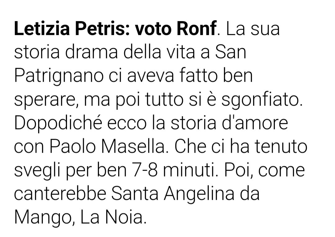 Le pagelle in giro per il web sono quasi tutte più o meno così:
Beatrice Luzzi regina incontrastata mentre personaggi come Anita, i macellai, Maddaloni e Sberla e Mirko degli scappati di casa come è giusto che sia 
#grandefratello
