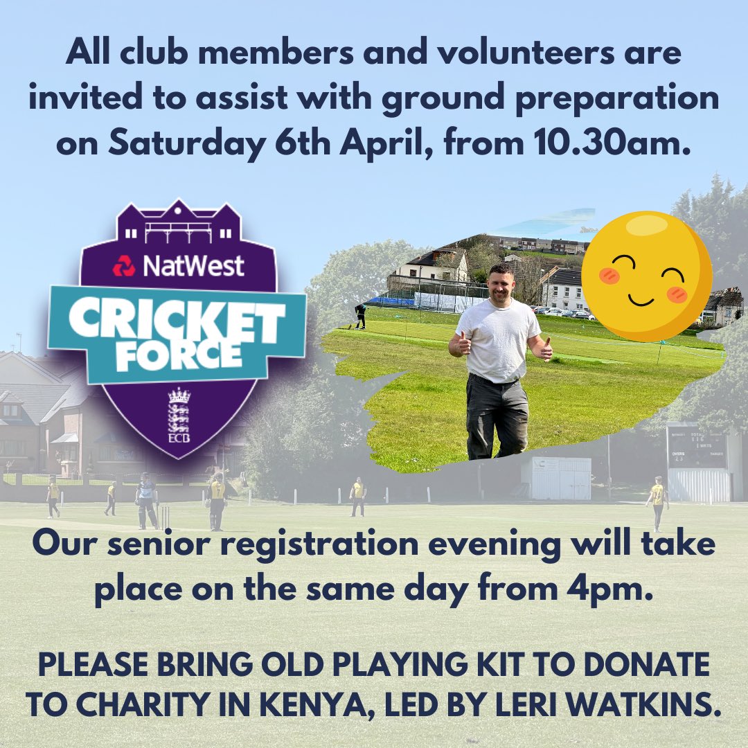 DafenWelfareCC's tweet photo. Date for the diary! It’s all happening in Dafen on Saturday 6th April. Ground Force Day, Registration Evening and playing kit donations.😁👍

#season2024 #cricket #welshcricket https://t.co/X5RVHeN3VK