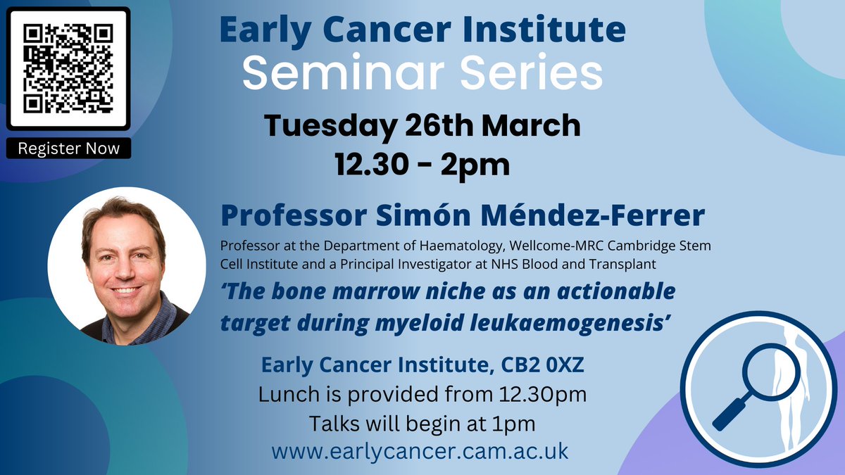 📢Join us at 12:30pm today in the Early Cancer Institute for our #ECISeminar from from Simón Mendez-Ferrer @SCICambridge See you there!