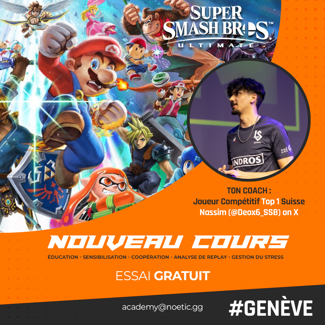 Domine Super Smash Bros Ultimate ! 🎮

Nos cours sont coachés par <a href="/Deox6_SSB/">eLS | 𝔻𝕖𝕠𝕩𝟞🌛</a>, le meilleur joueur de Suisse sur Super Smash Bros Ultimate 👑

Pour t'inscrire ou pour plus d'informations, contacte-nous dès maintenant à l'adresse academy@noetic.gg
📷 : <a href="/Kidox__/">Bastien "eLS Kidox" 🇨🇭</a>