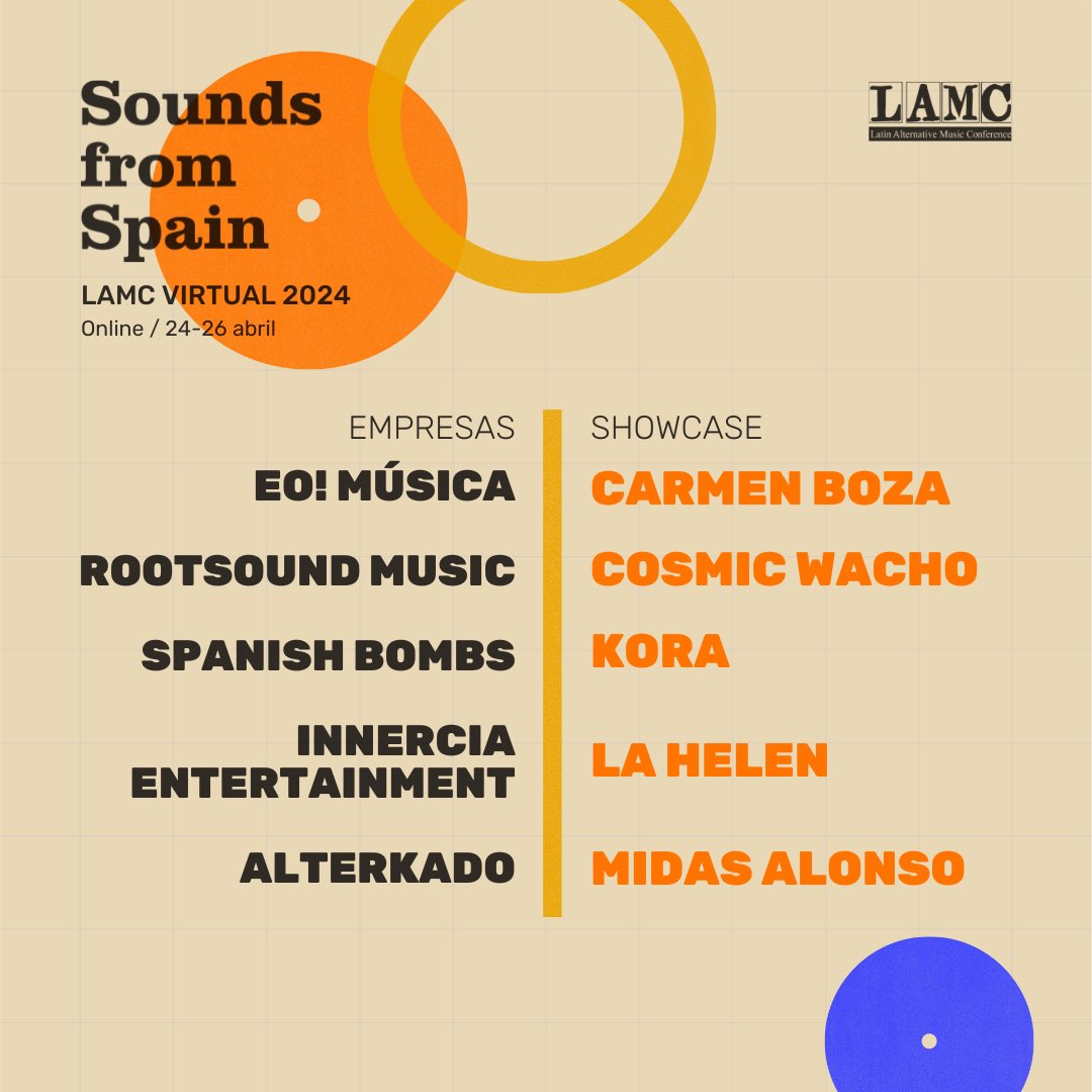 Como ya sabéis del 24 al 26 de abril vuelve LAMC Virtual 👏🏼👏🏼

Todos estos artistas participarán como parte de Sounds From Spain en el evento con un showcase virtual 🙌🏼 🥰

Además, contaremos con la participación de grandes empresas de la industria musical🤭

¡Qué ganas !