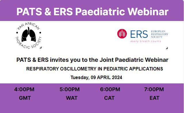 With just 2weeks left 🚨don’t miss out to be part of the exciting PATS &amp; <a href="/EuroRespSoc/">ERS</a>  Paediatrics webinar Tue, Apr 9th. Topic: Respiratory Oscillometry in Pediatric Applications, with speakers from 🇿🇦 Dr Diane Gray &amp; 🇮🇹Dr Enrico Lombardi.

Reg for free 👉bit.ly/4c5OEnz