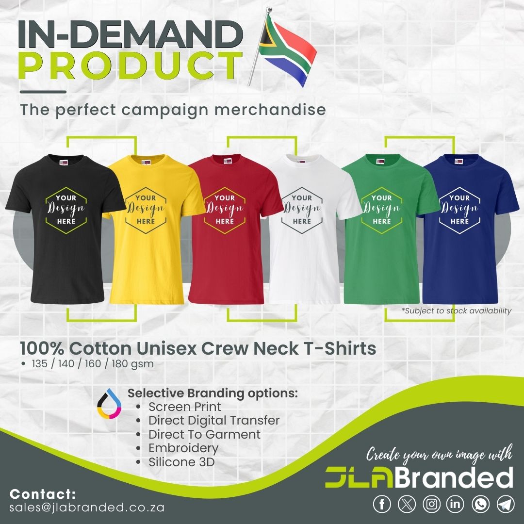 🎯 Exciting Product Promo!

Stand out from the crowd and make a statement with these premium 100% cotton t-shirts – because every vote counts! 🗳️🇿🇦

For more contact 📨 sales@jlabranded.co.za       

#JLABranded #PromoApparel #Promotional #JoburgEnterprises #Elections2024