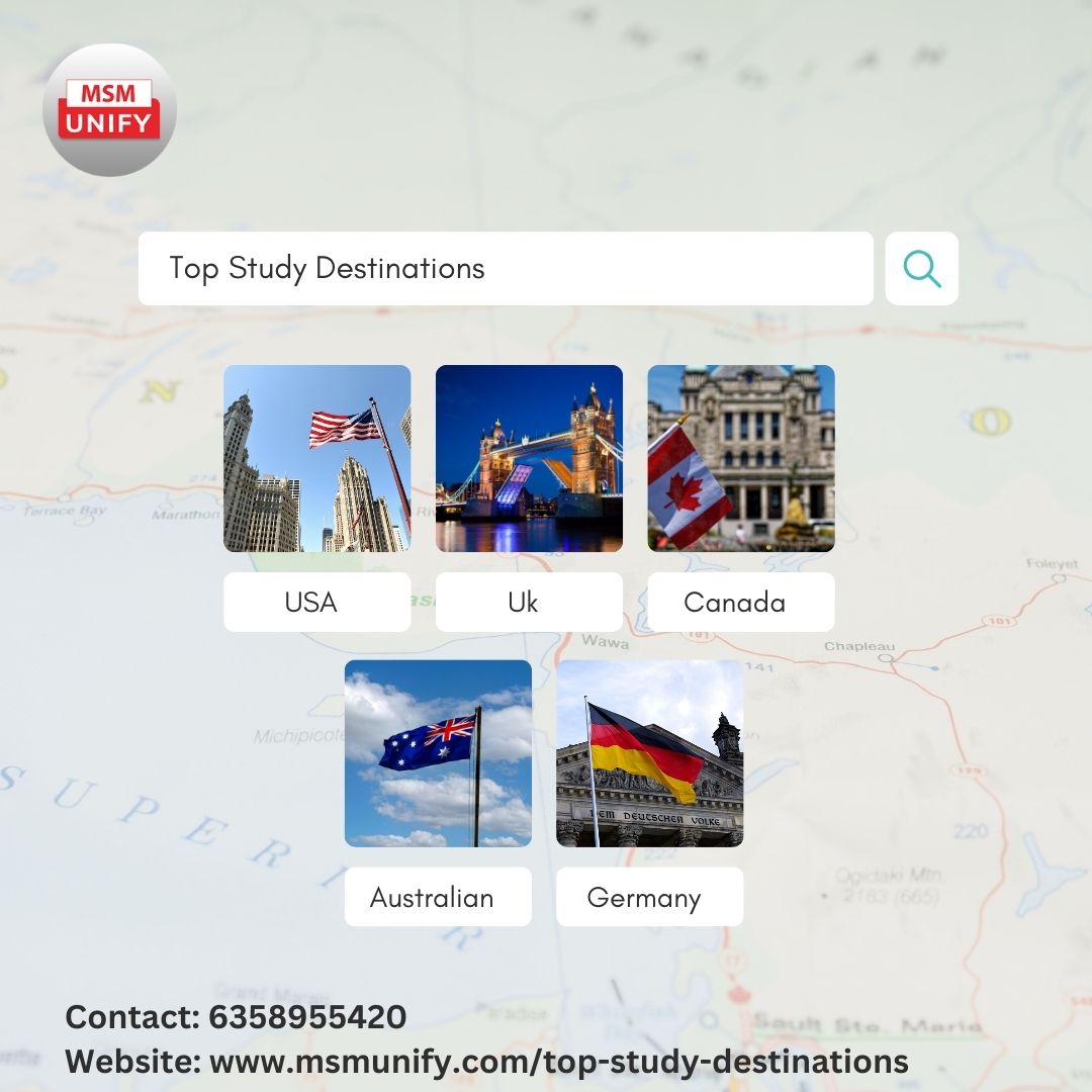 Unlock your academic potential in the world's top study destinations! From renowned universities to vibrant cultures, discover the perfect place to pursue your dreams. Start your journey to academic excellence today! 🎓✈️

Contact for more info: msmunify.com/top-study-dest…