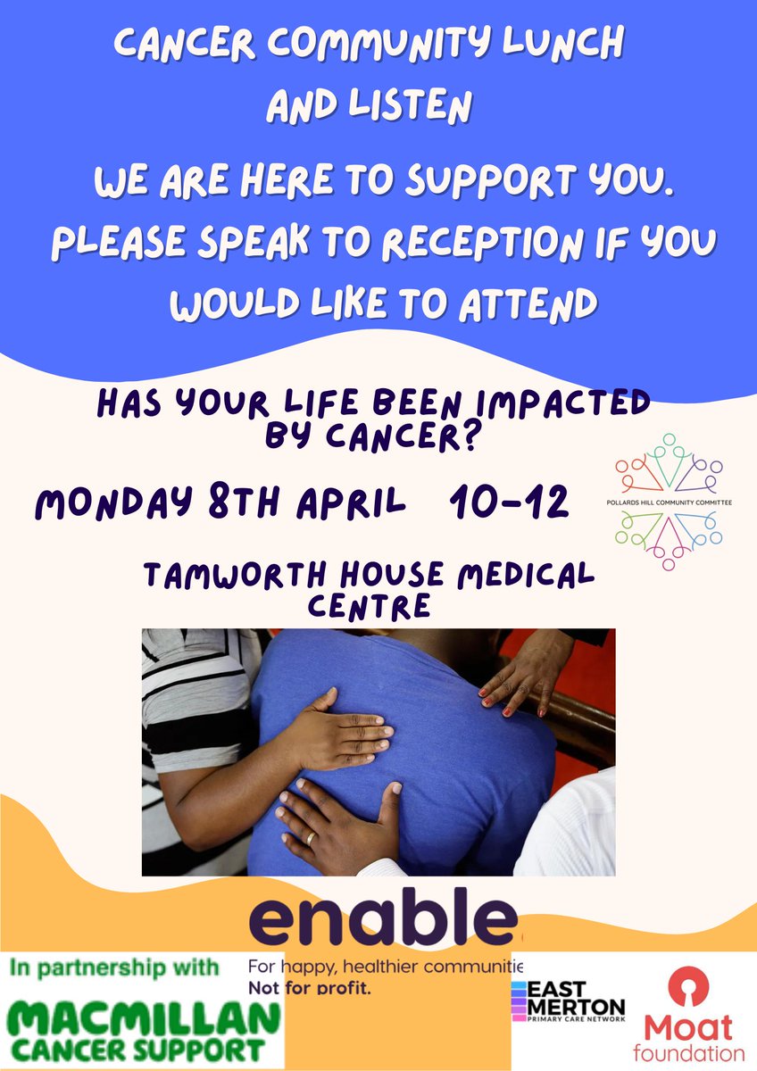 Has cancer touched your life, either through personal diagnosis or caring for a loved one? If you're a patient at Tamworth House Medical Centre, reach out to register for an event discovering available support. You're not alone in this journey #CancerSupport #TamworthHouse