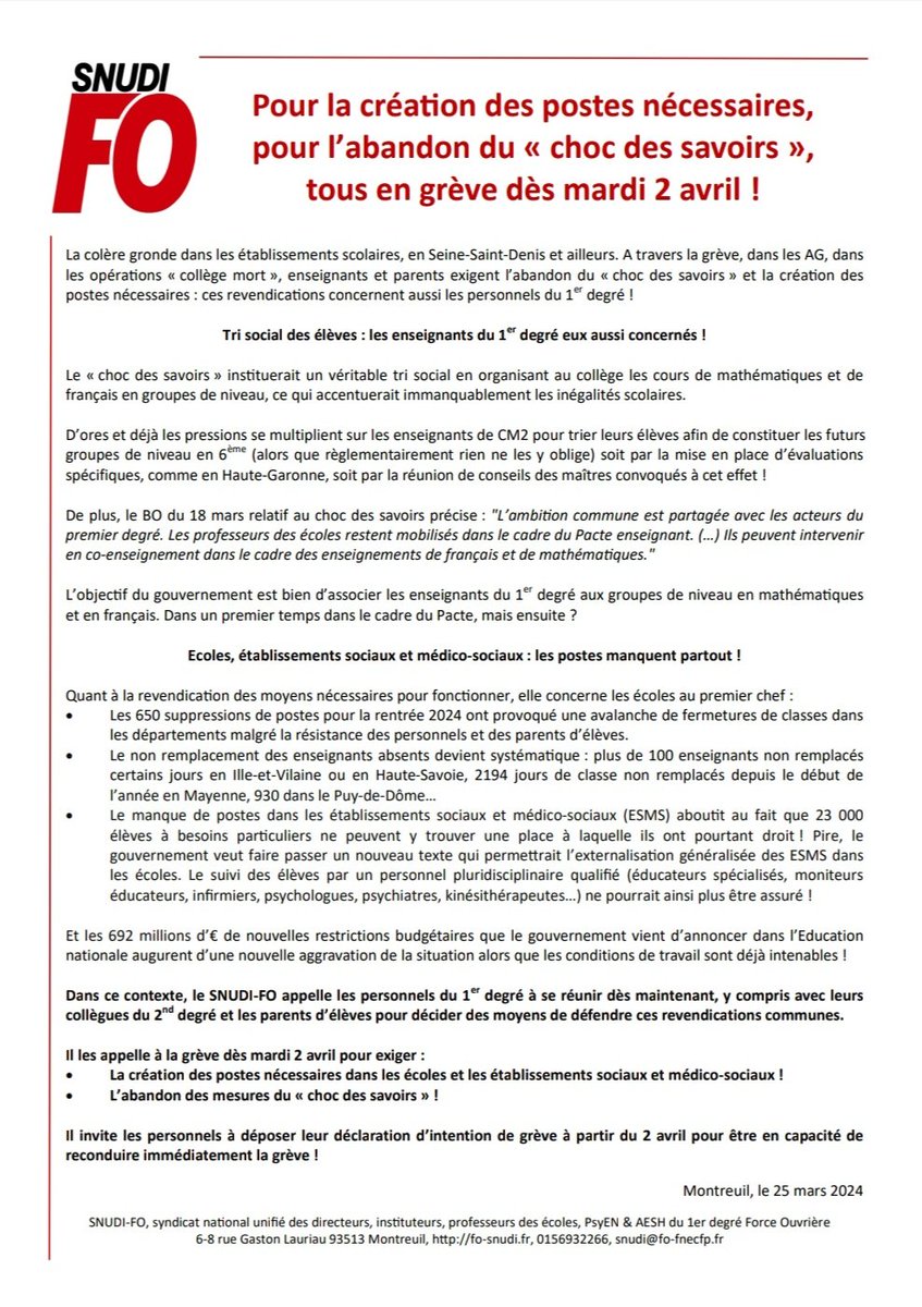 FoSnudi's tweet photo. Pour la création des postes nécessaires, pour l’abandon du « choc des savoirs », tous en grève dès mardi 2 avril ! https://t.co/jszSNeLBm2