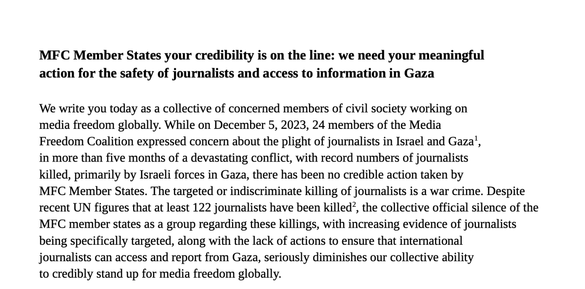 🔊@MarieColvinNet joins 38 other civil society organisations calling on the @MediaFreedomC to take meaningful action to protect Gaza’s journalists, ensure access to information and investigate killings. #Gaza #JournalismIsNotACrime Download letter here🔗 ipi.media/wp-content/upl…