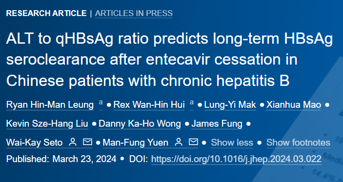 🆕Article in press❕

ALT to qHBsAg ratio predicts long-term HBsAg seroclearance after entecavir cessation in Chinese patients with chronic hepatitis B

Read it here👉journal-of-hepatology.eu/article/S0168-…

#LiverTwitter