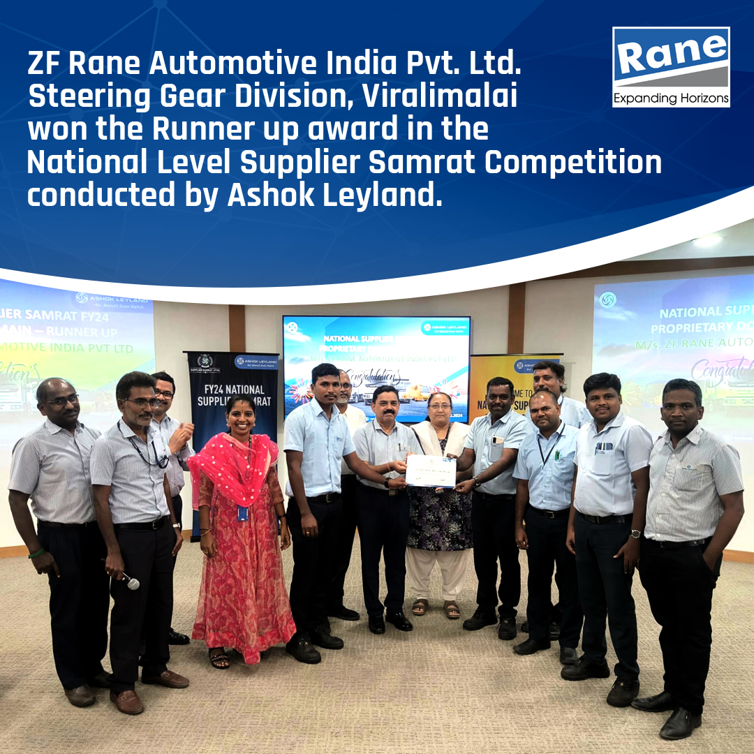 We are happy to share that ZF Rane Automotive India Private Limited - Steering Gear Division, Viralimalai won the runner up award in the National Level Supplier Samrat Competition conducted by Ashok Leyland. #Awards #manufacturing #customers