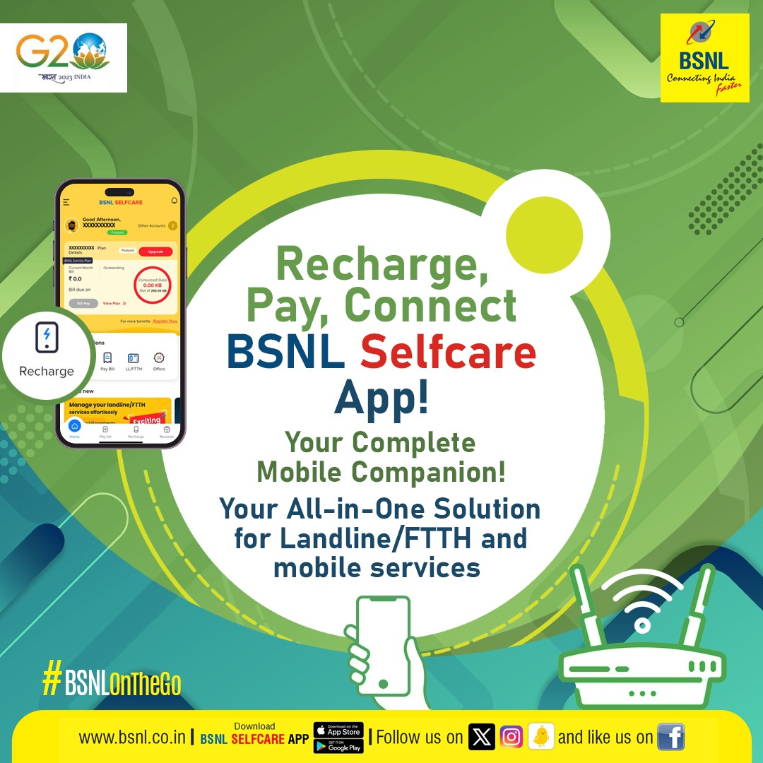 Recharge, Pay, Connect. #BSNLSelfcareApp - Your Complete Mobile Companion! All-in-One Solution for Landline/FTTH and Mobile Services. Google Play: bit.ly/3H28Poa App Store: apple.co/3oya6xa #BSNLOnTheGo #BSNL #DownloadNow
