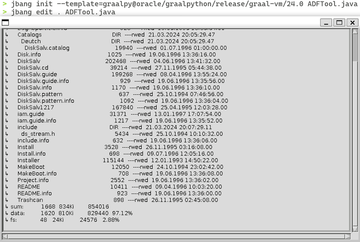 I wanted a small tool to graphically manage ADF disk images. There's a Python library to work with them on the commandline. Whipped up a quick Java UI with <a href="/jbangdev/">JBang</a> using the #graalpy template and got myself a standalone native app thanks to <a href="/graalvm/">GraalVM</a> native image :)