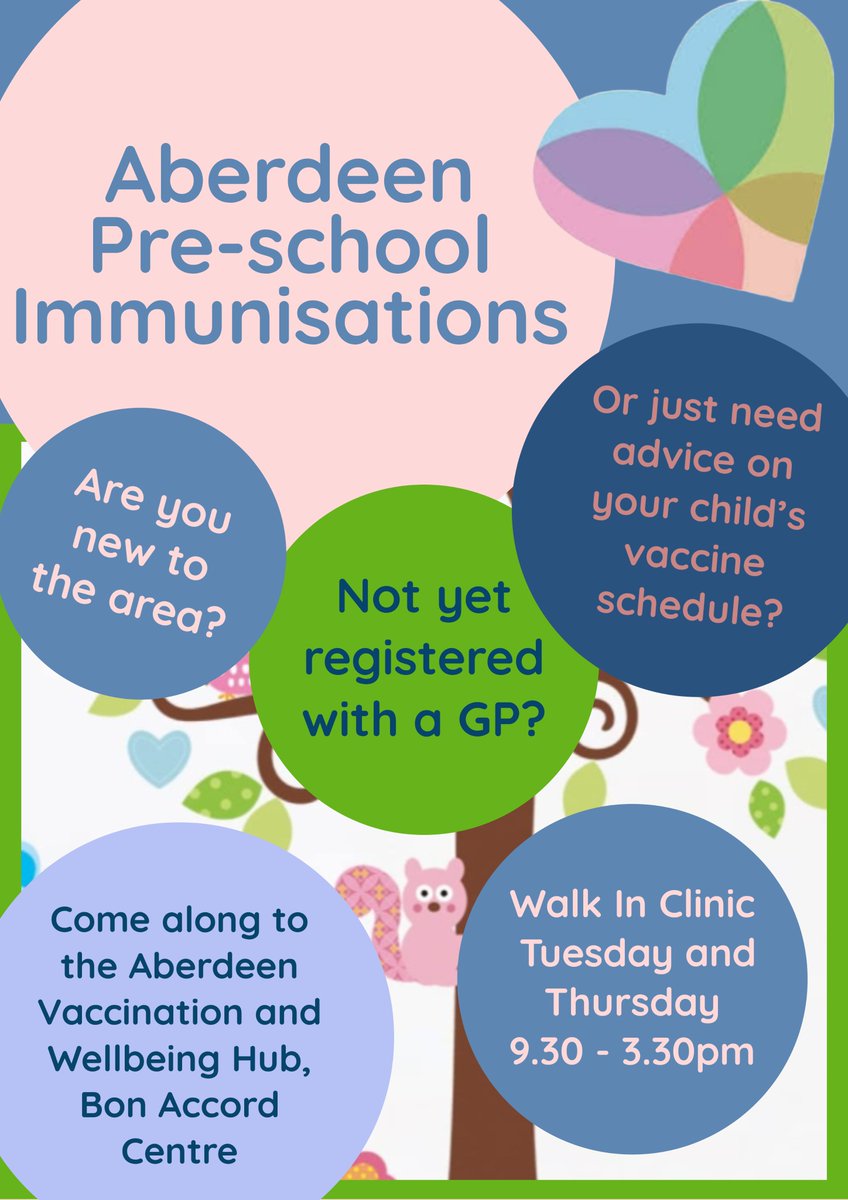 Pre-School Immunisation Walk In Clinics. Would you like to discuss your childs vaccine schedule? You can now walk into the Aberdeen City Vaccination & Wellbeing Hub, Bon Accord Centre on Tuesday and Thursdays between 9.30 - 3.30 to speak to an immunisation nurse. @NHSGrampian